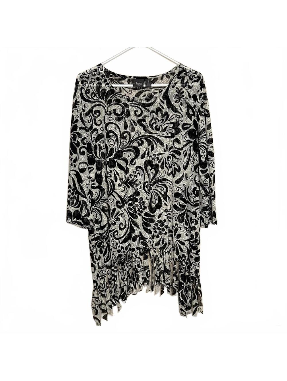 Baroque lace fringe mesh top - Black/Ecru - Chico's Travelers size 3 XL 16